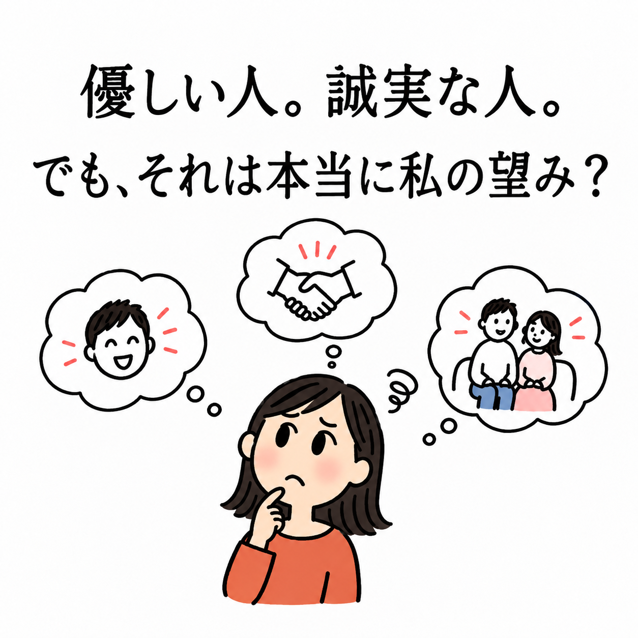 優しい人、誠実な人という条件が本当に自分の望みか考える女性