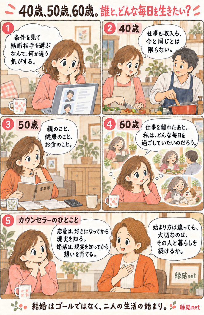 40歳から60歳までの暮らしを考える縁結netの5コマ漫画